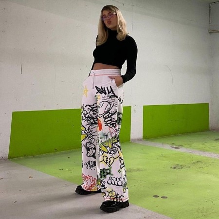 Calça Larga Feminina Casual Estampada Grafite Urbano