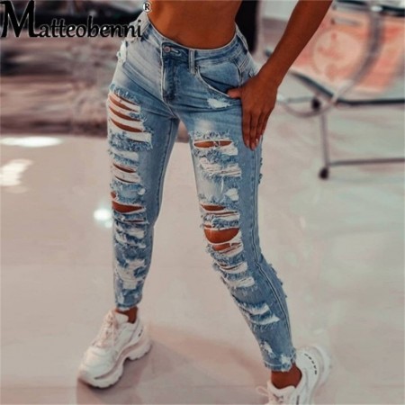 2021 Womens Slim Fit Jeans Fashion Solid Color Torn Hole Tassel High Waist Stretch Ladies Denim Pencil Long Pants