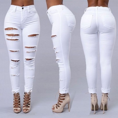 Calça Branca Jeans com Elasticidade Rasgos Finos Skinny