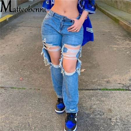 2021 sexy mid-waist ripped hole straight mom womens jeans new casual wide leg streetwear boyfriend hollow denim pants