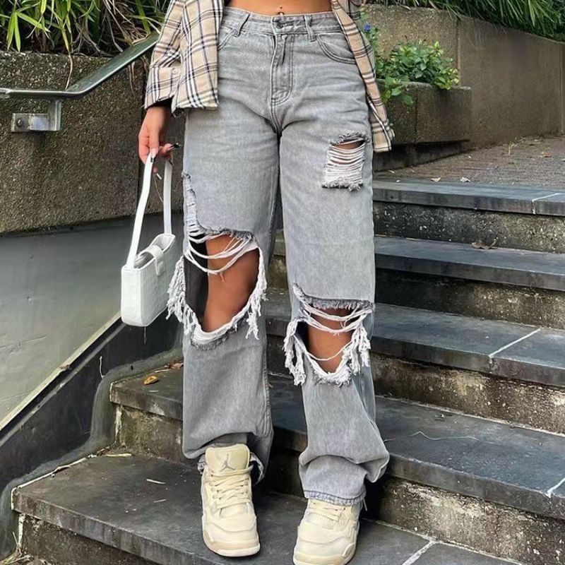 Women Mom Jeans Retro Ripped Pants High Waisted Loose Straight