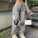 Calça Reta Feminina Larga Rasgada no Joelho moda Retro