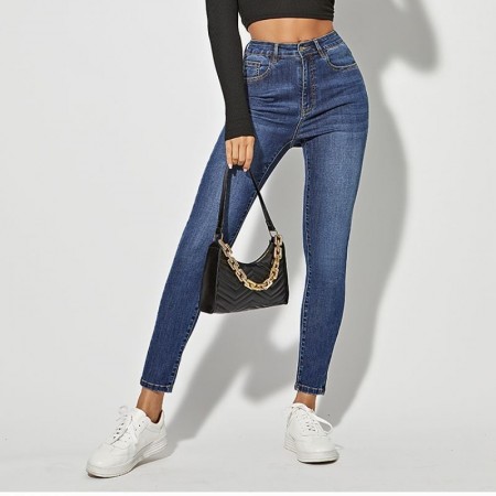 Caça de Brim Básica Feminina Jeans Elástico Casual