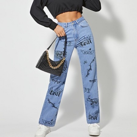 Calça Jeans Reta Feminina Estampada Grafitada