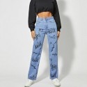 Calça Jeans Reta Feminina Estampada Grafitada