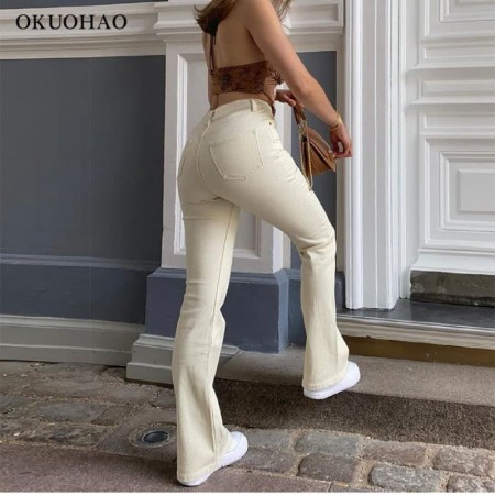 Calça StreetWear Feminina Boca de Sino Bege Claro