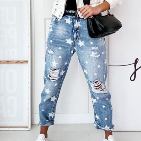 Womens Retro Trousers with Stars Printed on Jeans