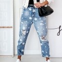 Calça Retro Feminina com Estrelinhas Estampada em Jeans