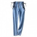 High waist womens jeans, piece blue black elastic womens pants with zipper wash