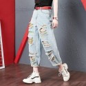 New large size loose slimming ripped high waist casual womens pants wide leg embroidery harem cropped pants woman jeans