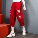 New large size loose slimming ripped high waist casual womens pants wide leg embroidery harem cropped pants woman jeans