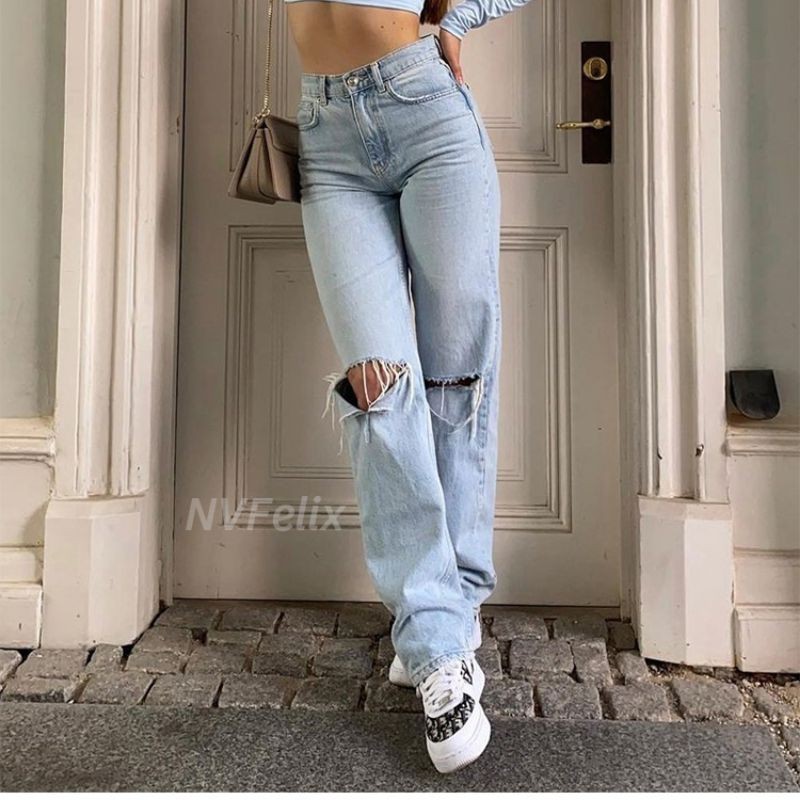 Womens loose fit jeans 2022 ripped wide leg for women high waist blue  casual wash cotton denim pants summer baggy jean pants