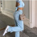 Womens loose fit jeans 2022 ripped wide leg for women high waist blue casual wash cotton denim pants summer baggy jean pants