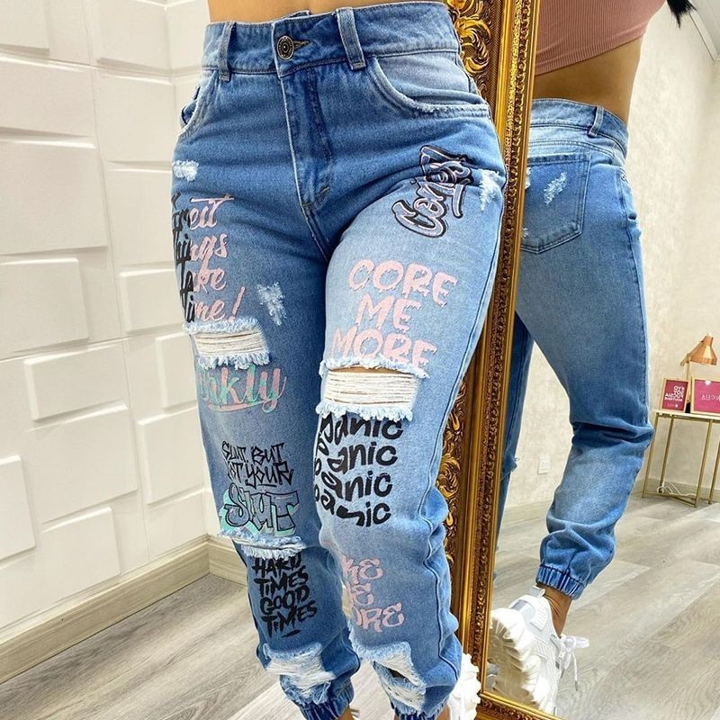 Calça Jeans Feminina Rascada Jogger Cintura Alta Elástico na Perna