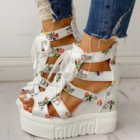 Womens Floral Print Platform Sandal