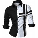 Camisa Casual Retalhos Preto e Branco Botões Masculina Manga Longa