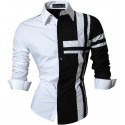 Camisa Casual Retalhos Preto e Branco Botões Masculina Manga Longa