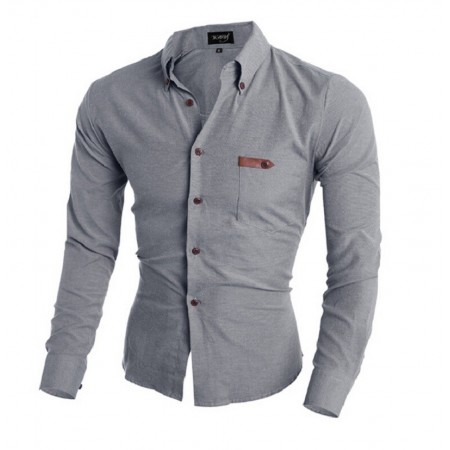 Casual Shirt Grey Long Sleeve Casaul Slim Fit Men's Buttons