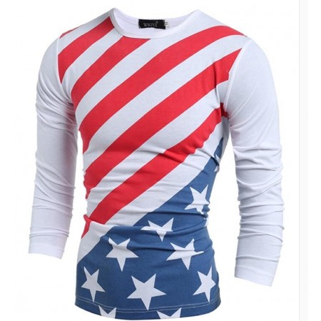 Camisa T Masculina Americana Manga Longa Cinza e Branca Estados Unidos