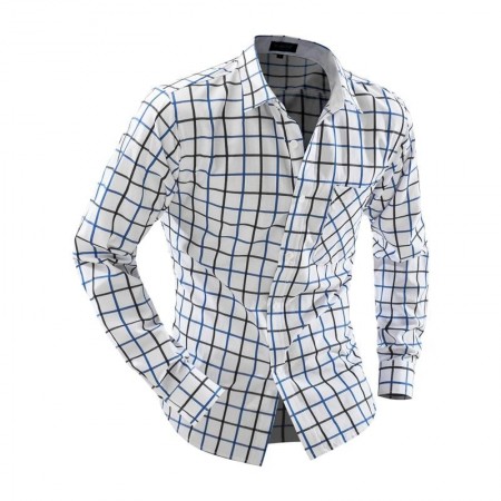 Camisa Quadriculada Casual Masculina Branca Manga Longa Elegante