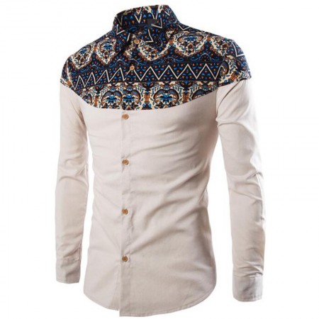 Camisa Férias Africana Social Masculina Manga Longa Elegante Vintage