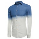 Camisa Degrade Jeans Fino Masculina Azul e Branca Elegante Manga Longa