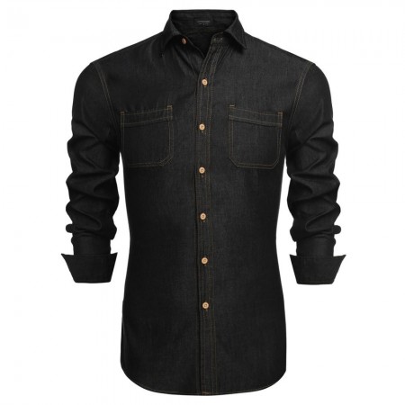 Camisa Casual Jeans Fino Preto e Azul Jaqueta Masculina Aventura