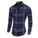 Camisa Casual Xadrez Masculina Azul e Roxo Manga Longa de Botão