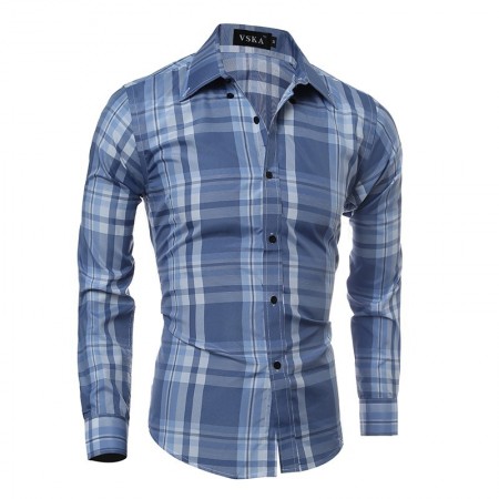 Casual Shirt Chess Men's Blue and Purple Sleeve Button Long