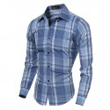 Camisa Casual Xadrez Masculina Azul e Roxo Manga Longa de Botão