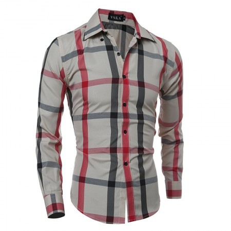 Shirt Men's Casual Long Sleeve Plaid Stylish Young Slim Fit