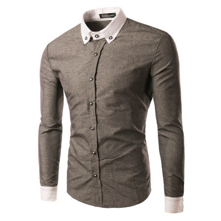 Camisa Social Slim Fit Masculina Casual Marrom Manca Longa Elegante