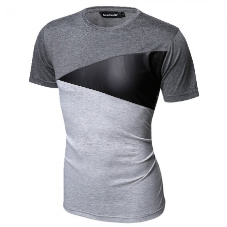 Camiseta Retalho Geometrica Masculina Casual Festa Club Fashion em Couro