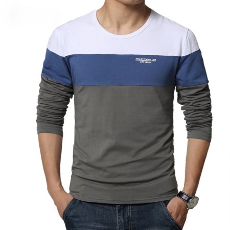 Camiseta T Manga Longa Listrada Azul Masculina de Frio Moderna Calitta