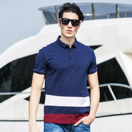 Polo Shirt Navy Striped Sport Men's Casual Slim Fit