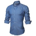 Shirt Jeans Slim Blue Casual Men's Long Sleeve Blue Elegant Social