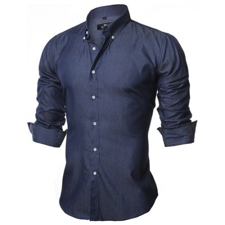 Camisa Jeans Fino Azul Marinho Casual Masculina Manga Longa Azul Elegante Social