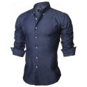 Shirt Jeans Slim Navy Blue Casual Men's Long Sleeve Blue Elegant Social
