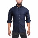 Camisa Jeans Fino Azul Marinho Casual Masculina Manga Longa Azul Elegante Social