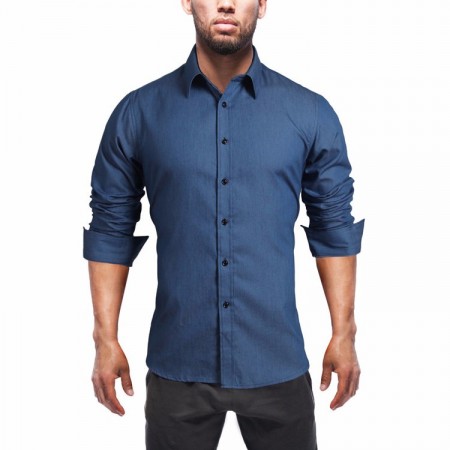 Shirt Jeans Slim Fit Blue Casual Men's Long Sleeve Blue Elegant Formal