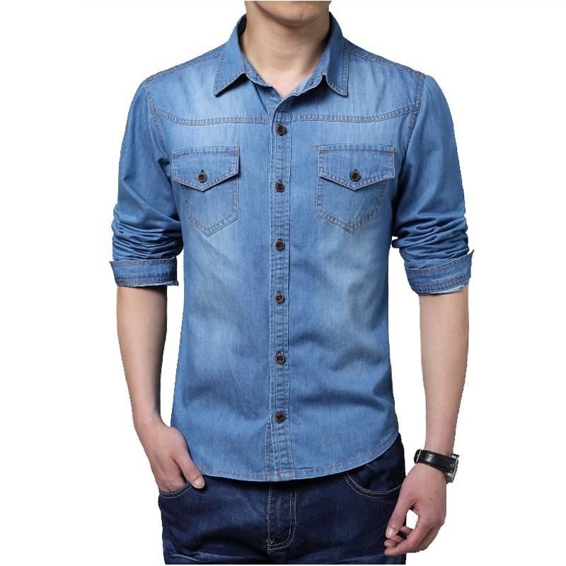 Shirt Blue Men's Jeans Jacket Thin Sport Casual Formal Modern
