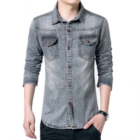 Shirt Gray Men's Jeans Jacket Thin Sport Casual Formal Modern