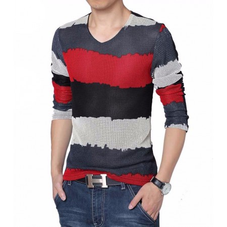 V-Neck T-Shirt Red Long Sleeve Striped Knitted Classic Party Club