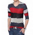 V-Neck T-Shirt Red Long Sleeve Striped Knitted Classic Party Club