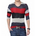 V-Neck T-Shirt Red Long Sleeve Striped Knitted Classic Party Club
