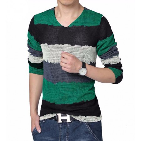V-Neck T-Shirt Green Long Sleeve Striped Knitted Classic Party Club