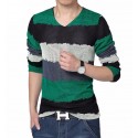 V-Neck T-Shirt Green Long Sleeve Striped Knitted Classic Party Club