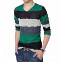 V-Neck T-Shirt Green Long Sleeve Striped Knitted Classic Party Club