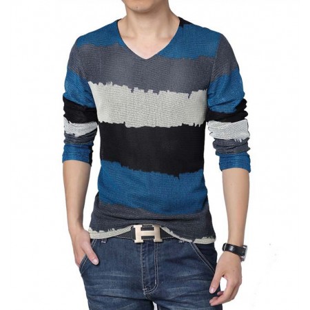 V-Neck T-Shirt Blue Long Sleeve Striped Knitted Classic Party Club