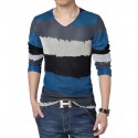 V-Neck T-Shirt Blue Long Sleeve Striped Knitted Classic Party Club